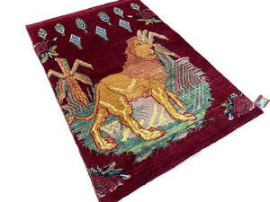 3 X 5 Handmade Rug New Vintage Rug Quality Wool Pictorial Lion Jungle Veg Dyes