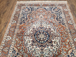 Antique Indian Kashmiri Area Rug 4x6, Wool Hand-Knotted Red & Ivory Floral Medallion Persian Carpet, Vintage Oriental Entryway Rug 4 x 6