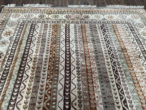Striped Turkish Anatolian Rug 6x7 Almost Square Shaped Carpet Handmade Vintage Oriental Rug, Living Room Rug, Neutral Colors Cream, Wool Rug