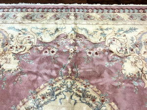 Indo Chinese Aubusson Wool Rug 10x14, Pink and Cream, Handmade Vintage Wool Carpet, Elegant European Design