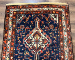 Antique Persian Hamadan Rug 4x6, Geometric, Double Medallions, Navy Blue, Tribal Carpet