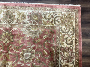 Indian Rug 8x11, Coral and Beige, Floral, Traditional Vintage Wool Carpet