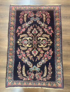 Antique Persian Kerman Rug 2.8 x 4, Navy Blue, Floral