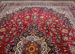 Large Persian Kashan Rug 11x14, Traditional Persian Carpet, Wool, Fine 250 KPSI, Red Navy Blue