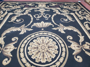 Black and Tan Aubusson Rug, 10 x 14 Aubusson Carpet, New Aubusson Rug, Elegant, Wool, Handmade Area Rug, Flatweave Rug, Large Aubusson Rug