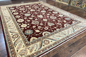 Peshawar Rug 9x11, Pakistani Oriental Carpet, Maroon and Beige, Floral Allover, Wool Hand Knotted Handmade Vintage Rug