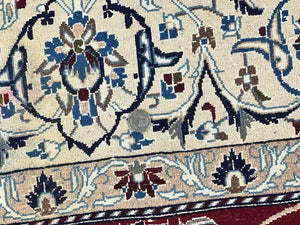 Persian Nain Rug 6x10, Wool and Silk Highlights, Red and Ivory, Floral Medallion, Vintage Handmade Hand Knotted, Fine 225 KPSI, Traditional Rug