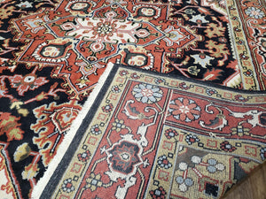 Vintage Indo Heriz Area Rug 8x10, Indo Persian Carpet 8 x 10, Red Dark Blue & Beige/Cream Indian Rug, Decorative Pattern, Wool, Hand-Knotted