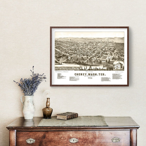 Vintage Map of Cheney, Washington 1884 - Home and Tower
