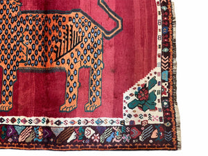 Antique Persian Gabbeh Wool Rug 4x5, Lion Pictorial Rug, Red Orange Black, Hand Knotted Handmade Vintage Gabbeh Carpet 4 x 5 ft, Tribal Rug