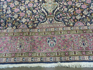 Turkish Sivas Rug 7x11, Navy Blue & Pink, Millifluer Floral Wool Carpet, Vintage