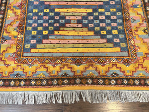 Colorful Moroccan Rug 7x8, Abstract Design, Wool Multicolor Handmade Vintage Carpet, Tribal Rug, Berber Rug