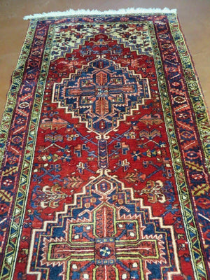 Persian Runner Rug, Heriz Runner Rug, Geometric Medallions, Red Cream Navy Blue Wool Hallway Rug 3.9 x 10.8 Antique Oriental Runner Handmade
