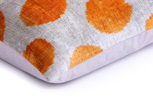 Luxury Handmade 16x16 Velvet Pillow – Gray & Gold Orange Polka Dot