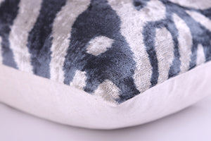 Gray Cream Ikat Silk Velvet Pillow – 16x16 Handmade Luxury Throw
