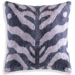 Gray Cream Ikat Silk Velvet Pillow – 16x16 Handmade Luxury Throw