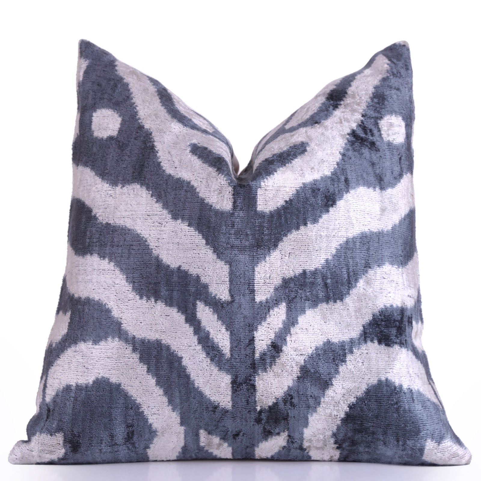 Gray Cream Ikat Silk Velvet Pillow – 16x16 Handmade Luxury Throw