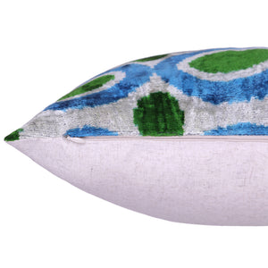Green & Blue Retro Ikat Pillow – 16x16” Silk Velvet Handmade