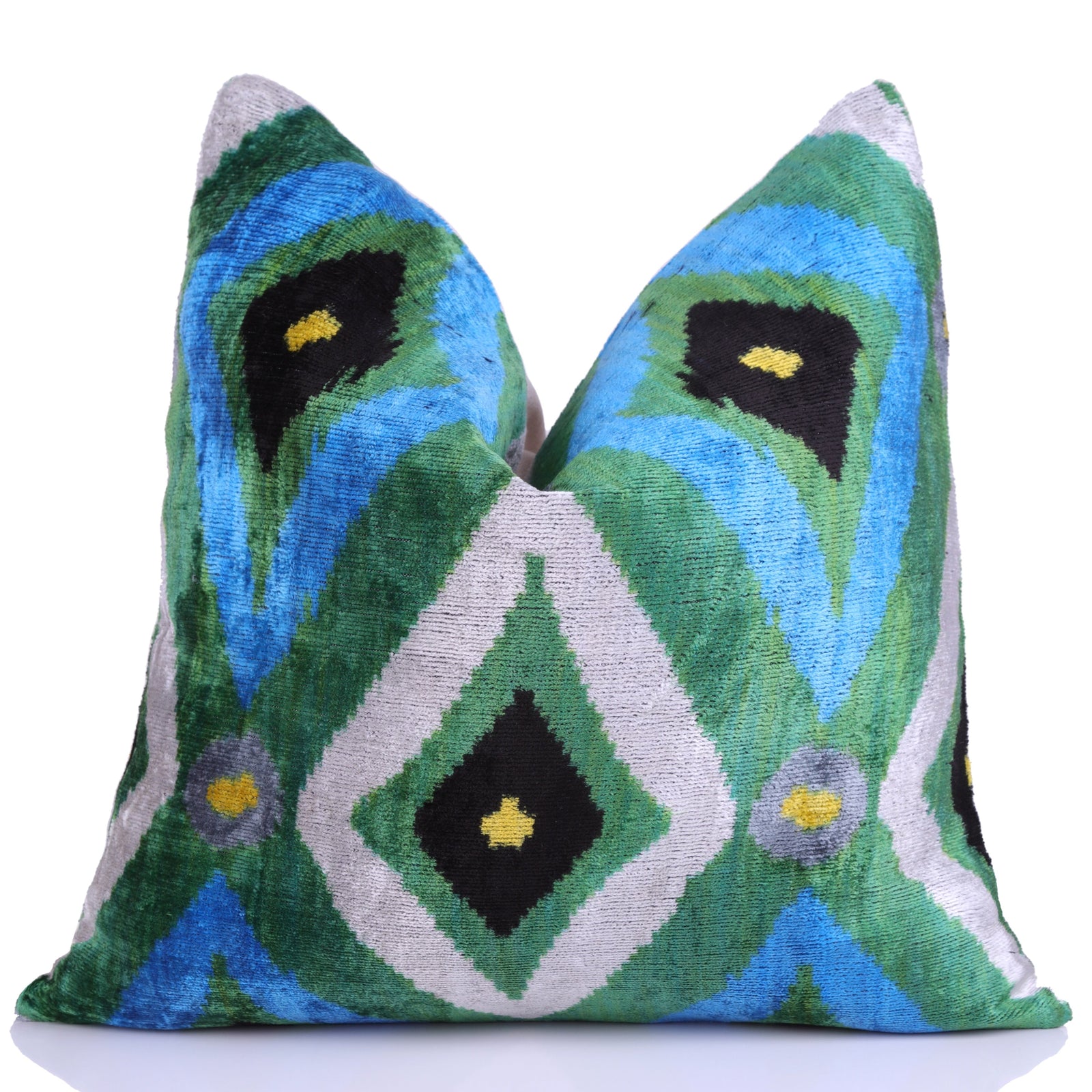 Emerald & Blue Geometric Velvet Pillow – 16x16” | Handmade Luxe