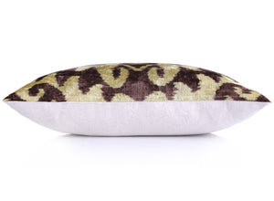 Handmade Velvet Pillow with insert – Gold & Brown Ikat Motif, 16x24"
