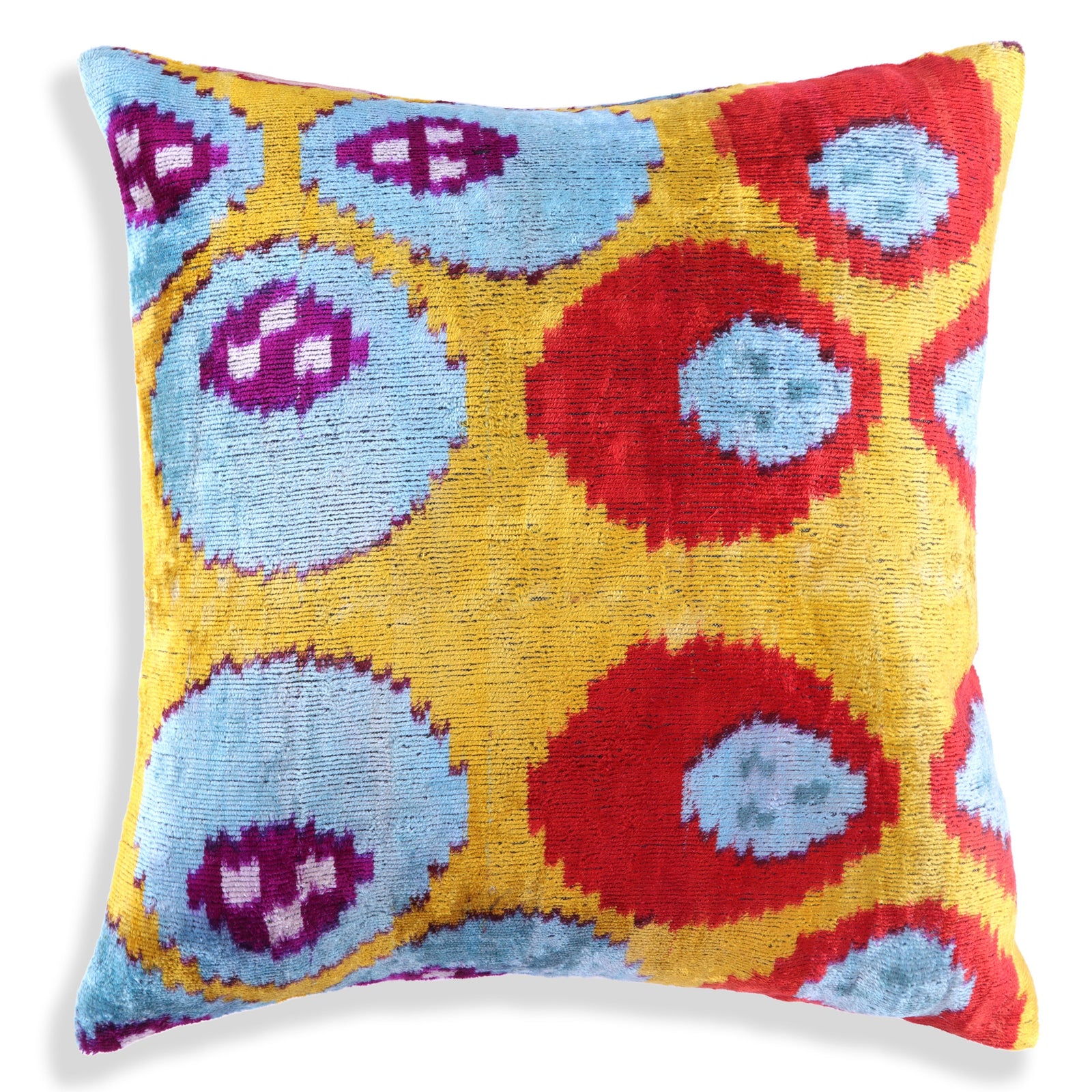 Yellow & Blue Ikat Silk Velvet Pillow – 16x16” | Handmade Luxe