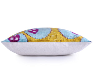 Yellow & Blue Ikat Silk Velvet Pillow – 16x16” | Handmade Luxe