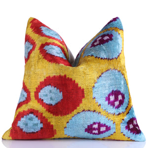 Yellow & Blue Ikat Silk Velvet Pillow – 16x16” | Handmade Luxe