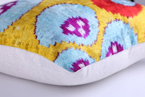 Yellow & Blue Ikat Silk Velvet Pillow – 16x16” | Handmade Luxe