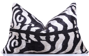 Handmade Velvet Pillow with insert – Black & White Abstract Ikat, 16x24"
