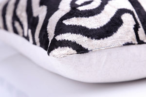 Handmade Velvet Pillow with insert – Black & White Abstract Ikat, 16x24"