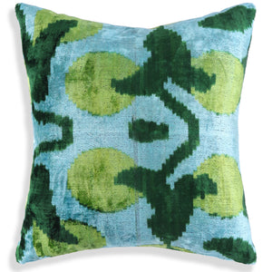 Green & Aqua Ikat Velvet Pillow – 16x16” | Handmade Silk Luxe