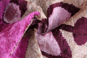 Blush & Magenta Heart Ikat Pillow – 16x16” Silk Velvet Handmade