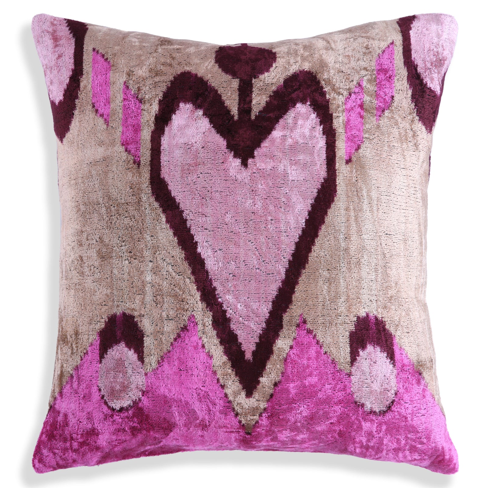 Blush & Magenta Heart Ikat Pillow – 16x16” Silk Velvet Handmade