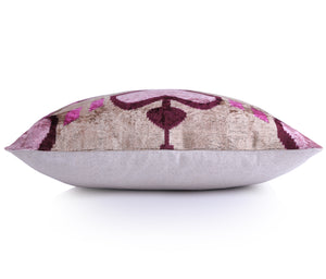 Blush & Magenta Heart Ikat Pillow – 16x16” Silk Velvet Handmade