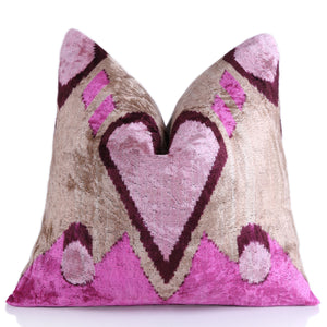 Blush & Magenta Heart Ikat Pillow – 16x16” Silk Velvet Handmade
