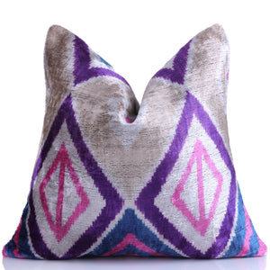 Violet & Indigo Diamond Ikat Pillow – 16x16” Silk Velvet Handmade
