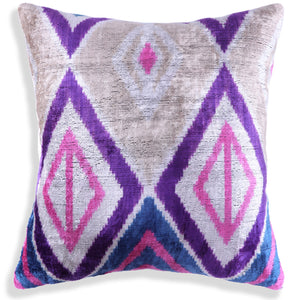 Violet & Indigo Diamond Ikat Pillow – 16x16” Silk Velvet Handmade