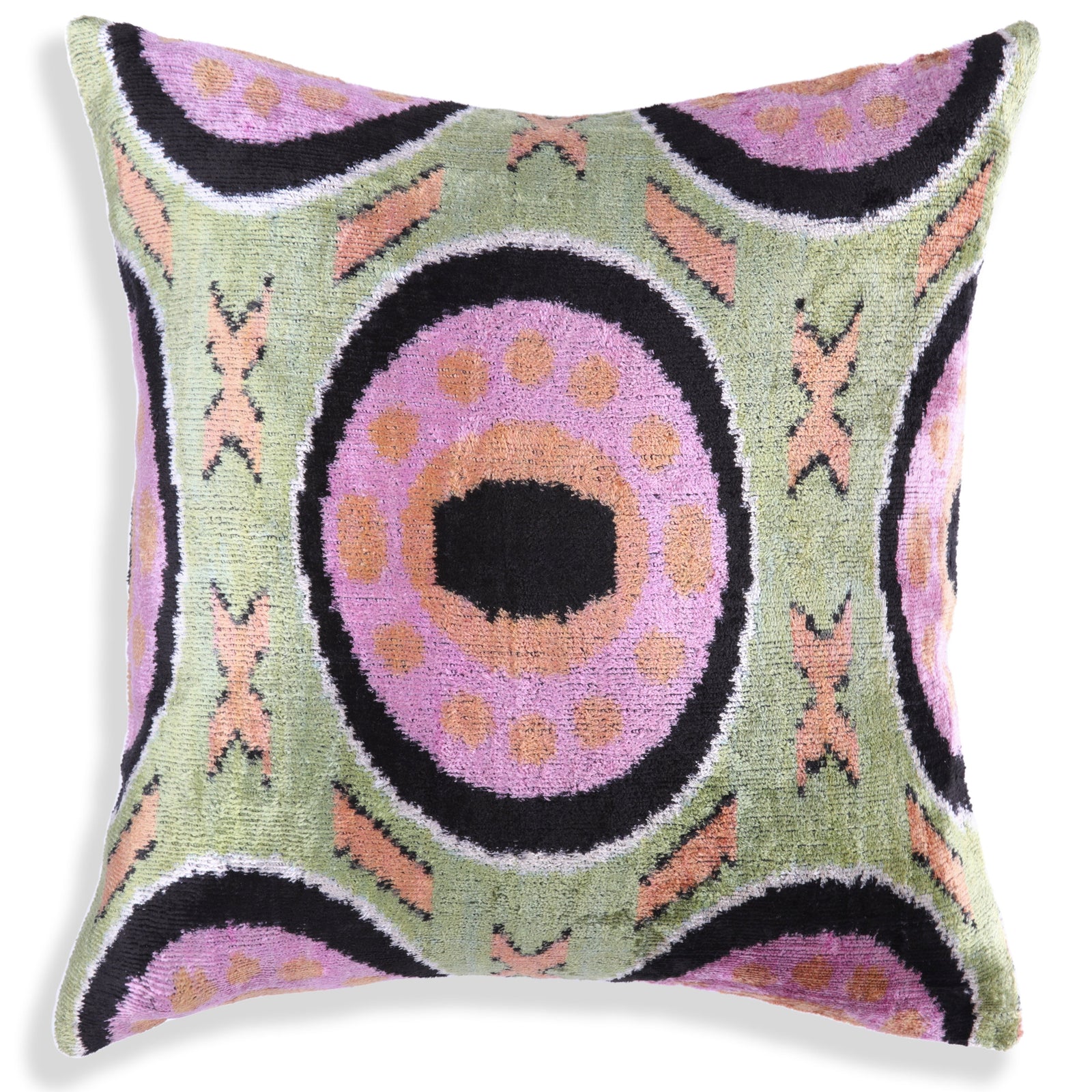 Green Lilac Black Geometric Silk Velvet Pillow – 16x16 Handmade