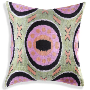 Green Lilac Black Geometric Silk Velvet Pillow – 16x16 Handmade