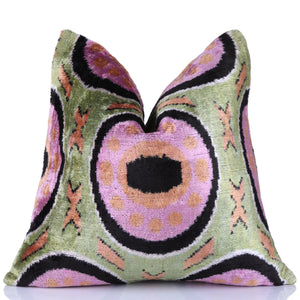 Green Lilac Black Geometric Silk Velvet Pillow – 16x16 Handmade