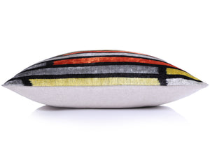 Handmade 16x16 Velvet Pillow – Striped Orange, Yellow & Gray