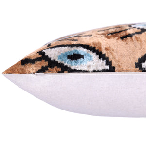 Handmade 16x16 Velvet Pillow – Evil Eye Pattern in Blue & Tan Brown