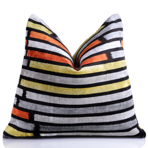 Handmade 16x16 Velvet Pillow – Striped Orange, Yellow & Gray
