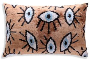 Handmade Ikat Velvet Throw Pillow with insert  16x24 in – Silk Brown White Modern Eye