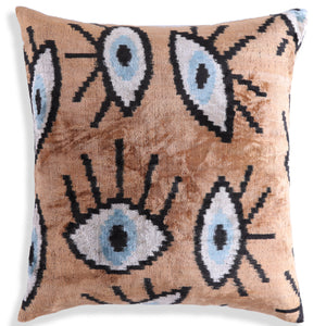 Handmade 16x16 Velvet Pillow – Evil Eye Pattern in Blue & Tan Brown