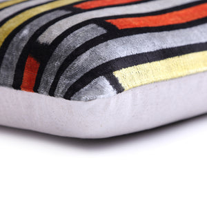 Handmade 16x16 Velvet Pillow – Striped Orange, Yellow & Gray