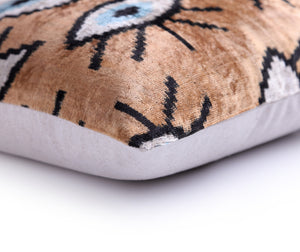 Handmade Ikat Velvet Throw Pillow with insert  16x24 in – Silk Brown White Modern Eye