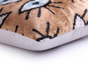 Handmade 16x16 Velvet Pillow – Evil Eye Pattern in Blue & Tan Brown