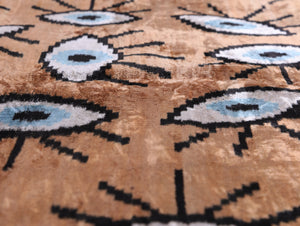 Handmade 16x16 Velvet Pillow – Evil Eye Pattern in Blue & Tan Brown