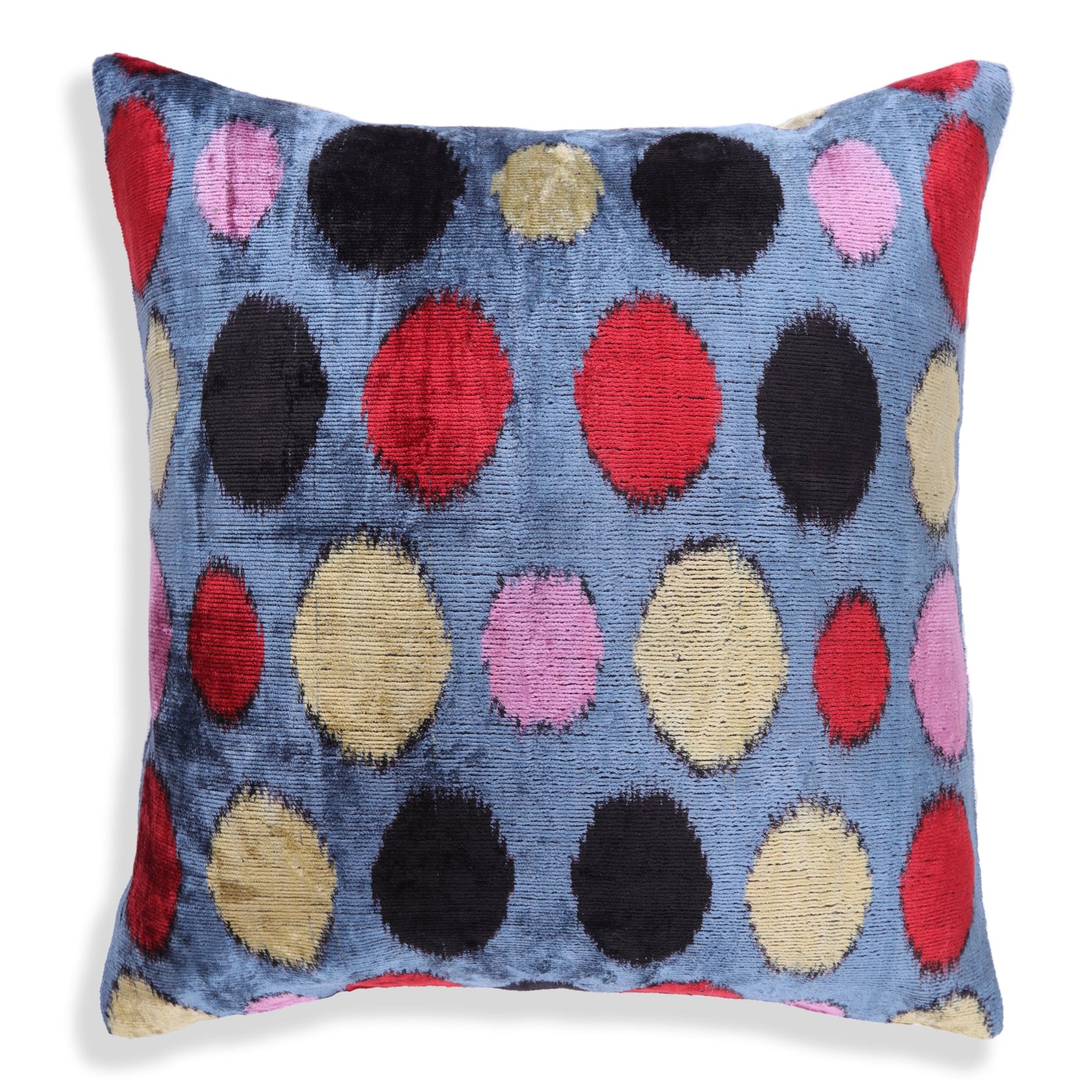 Handmade 16x16 Velvet Pillow – Multicolor Dots on Blue